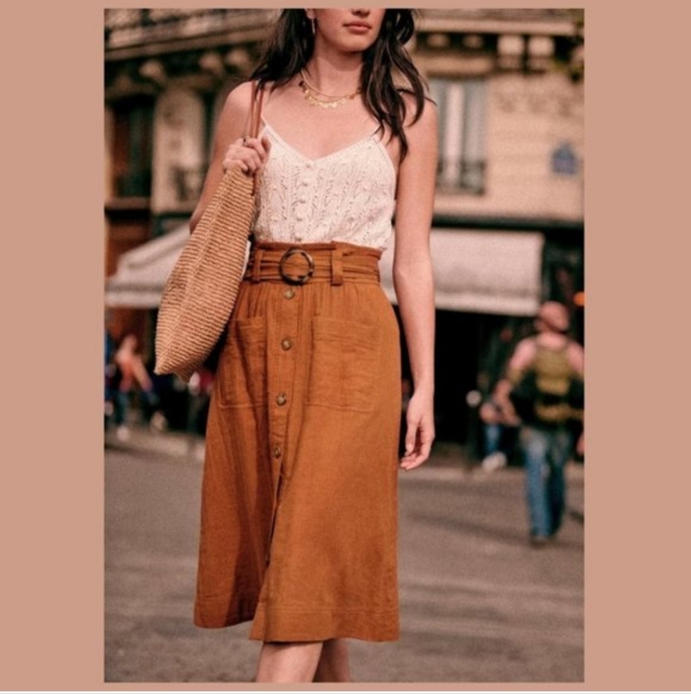 Sezane Hanna Skirt in Camel Button Front With Belt FR 36
